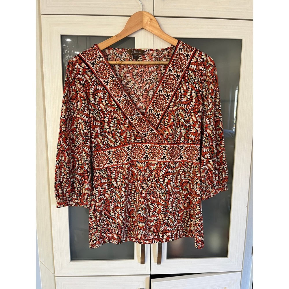 Jessica Petite Red Geometric Floral Faux Wrap V-Neck 3/4 Sleeve Blouse Size 8P